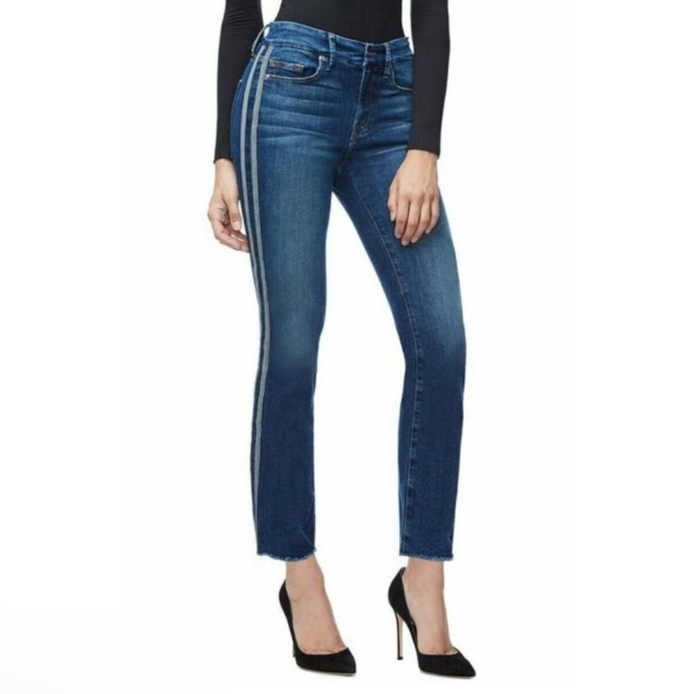 Good American Good Straight Jeans Raw Hem High Waisted Side Striped Size 29